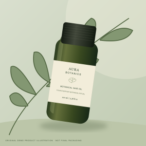 Original illustrated Aura Botanics bottle among botanical leaves — demo packaging