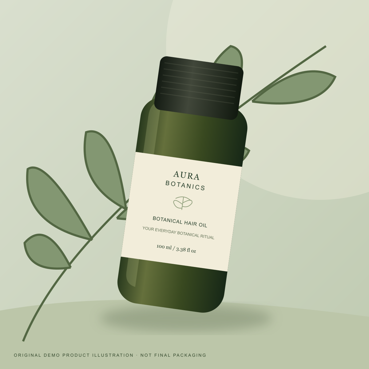 Original illustrated Aura Botanics bottle among botanical leaves — demo packaging