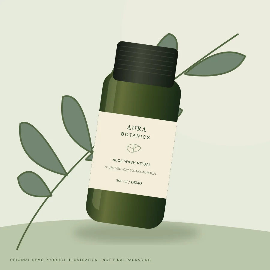 Aura Aloe & Hibiscus Wash — original demo packaging illustration
