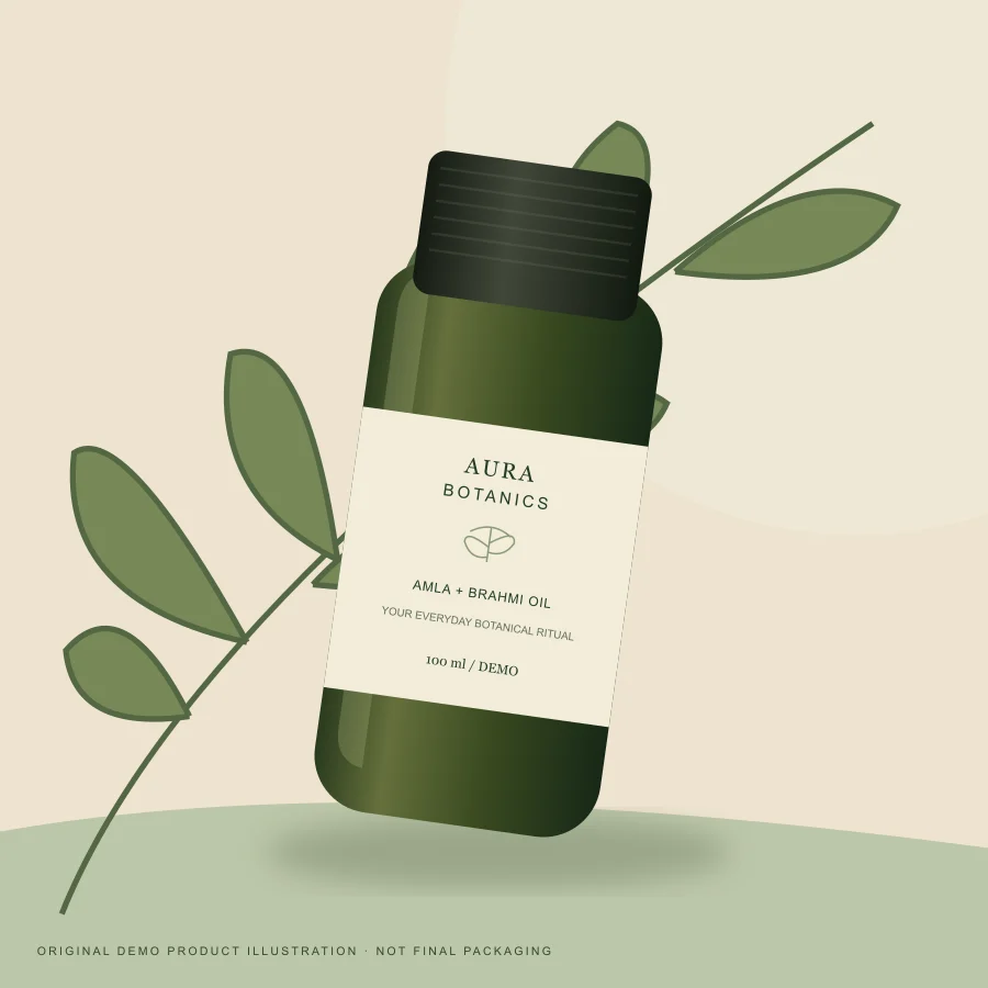Aura Amla & Brahmi Ritual Oil — original demo packaging illustration