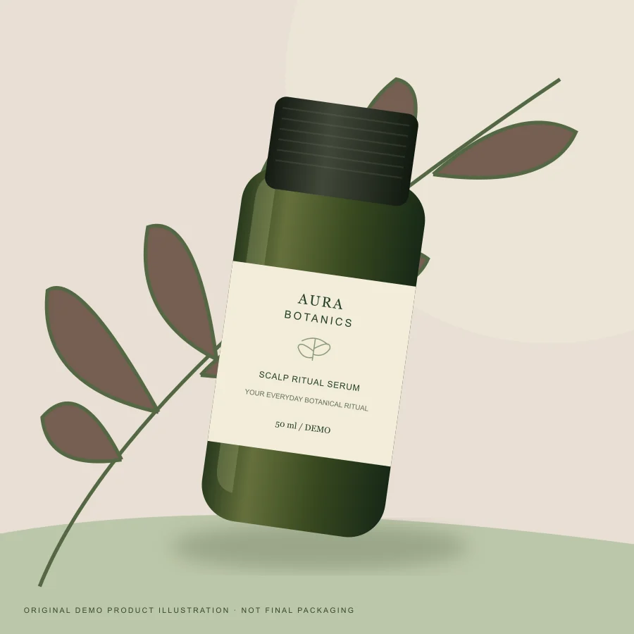 Aura Scalp Ritual Serum — original demo packaging illustration