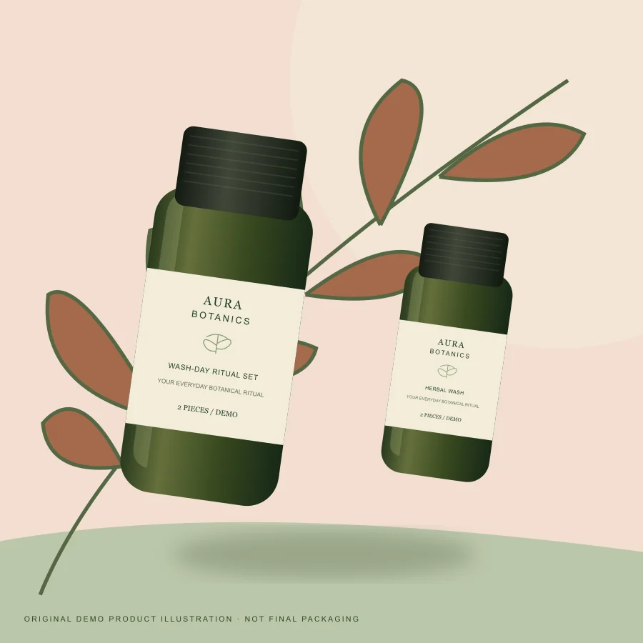 Aura Wash-Day Ritual Set — original demo packaging illustration
