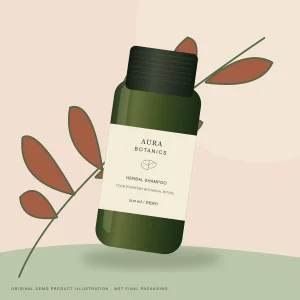 Aura Herbal Wash Shampoo — original demo packaging illustration