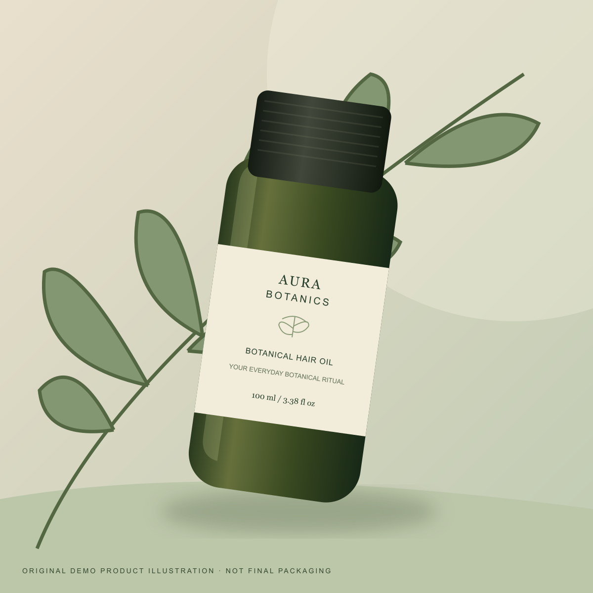 Original illustrated Aura Botanics bottle among botanical leaves — demo packaging
