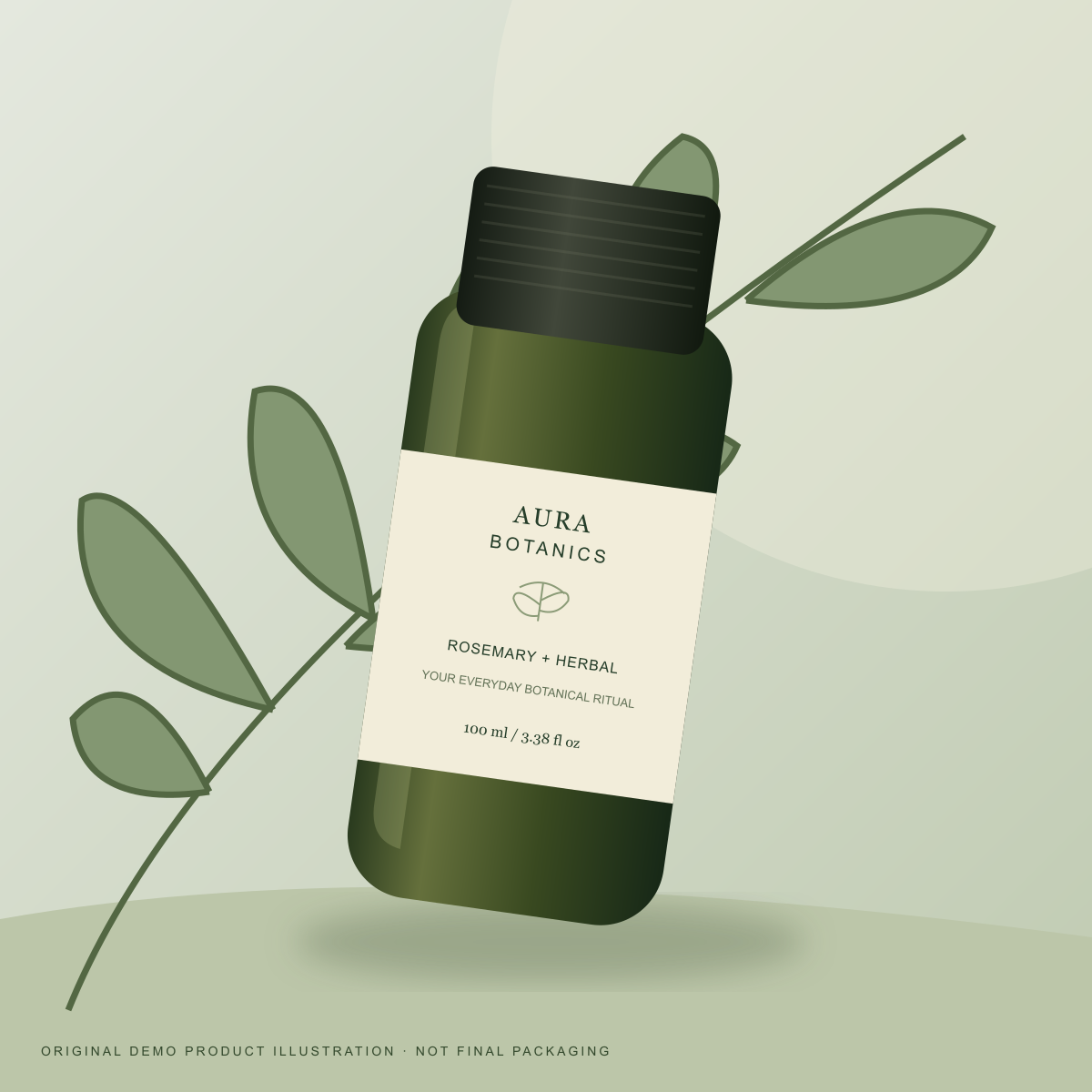 Original illustrated Aura Botanics bottle among botanical leaves — demo packaging